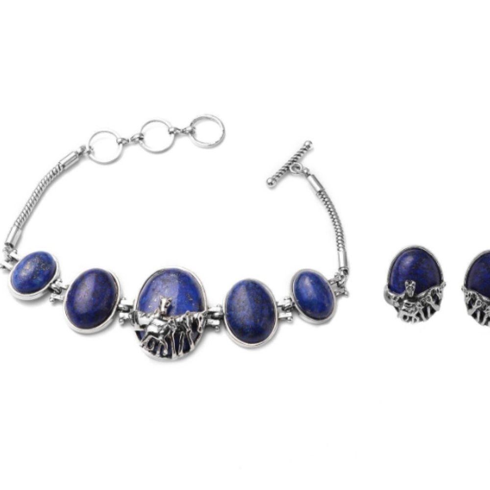 Lapis Lazuli Horse Charm Bracelet 7.25 Inches and Earrings Set
